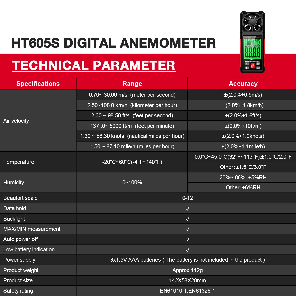 Habotest Digital Anemometer Wind Meter HT605S - Image 2