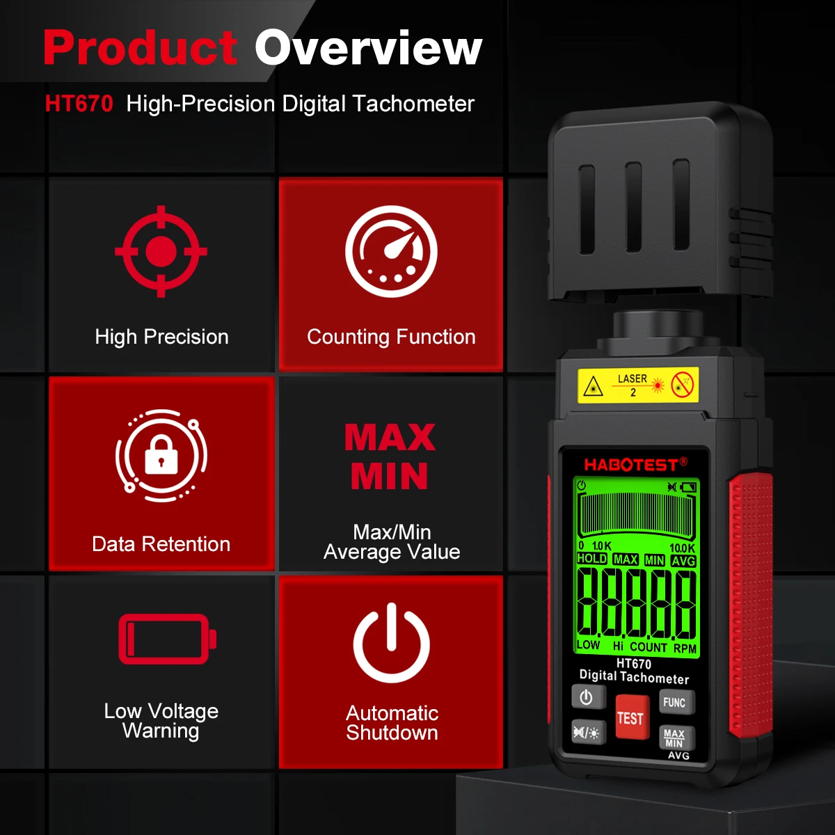 HABOTEST HT670 Digital Laser Tachometer RPM Meter - Image 2
