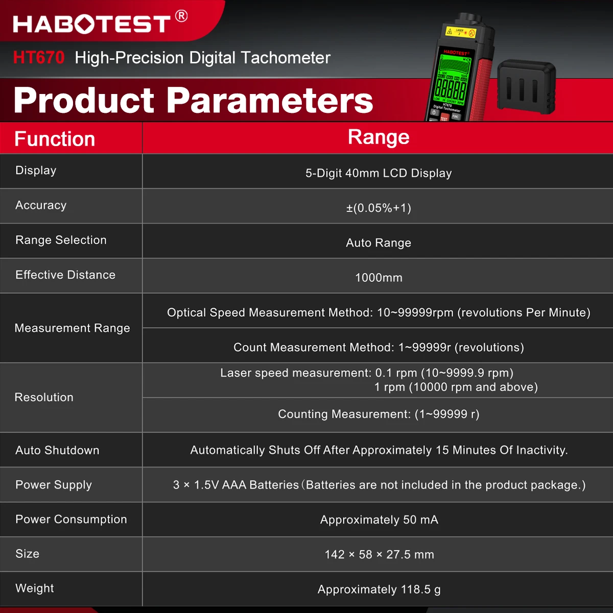 HABOTEST HT670 Digital Laser Tachometer RPM Meter - Image 4