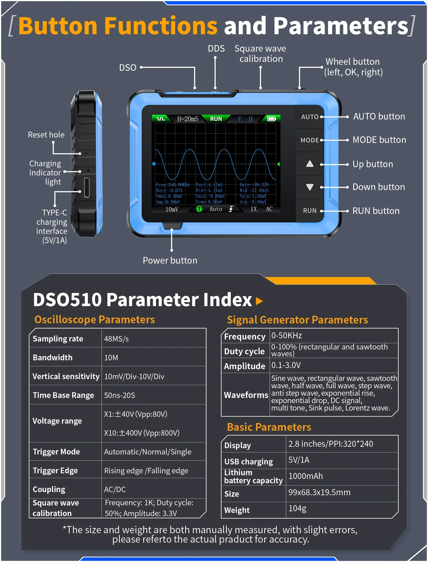 FNIRSI DSO510 Handheld Oscilloscope & Signal Generator with P6020 Probe (10MHz, 48MS/s) - Image 3