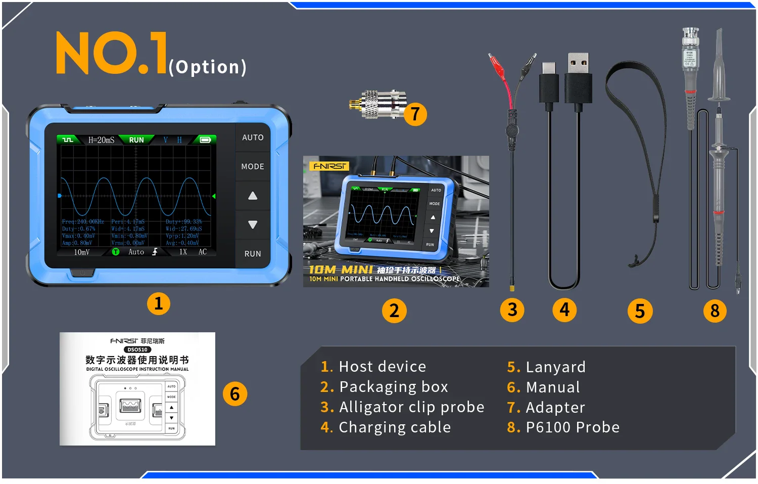 FNIRSI DSO510 Handheld Oscilloscope & Signal Generator with P6020 Probe (10MHz, 48MS/s) - Image 2